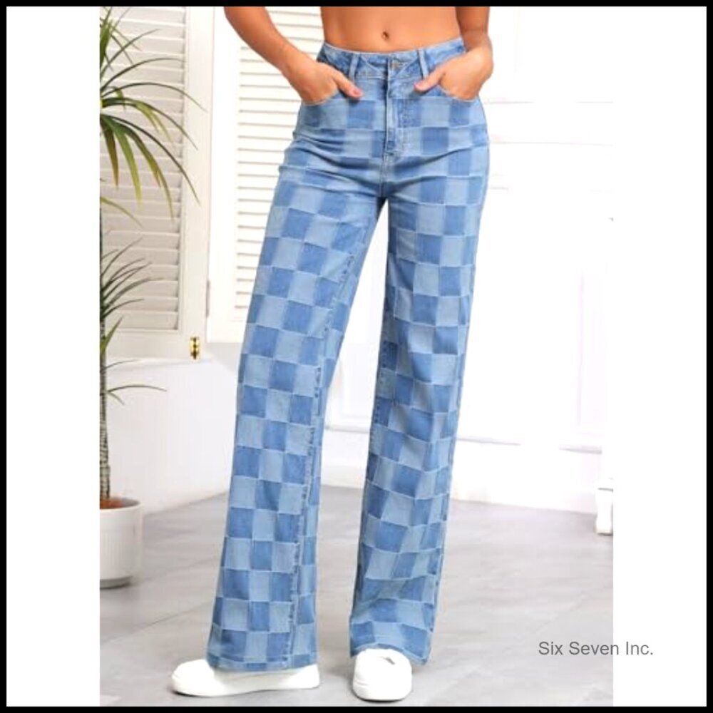 Wide Leg Jeans High Waisted Stretchy Straight Leg Checkered Loose Denim Pants - Picture 3 of 7